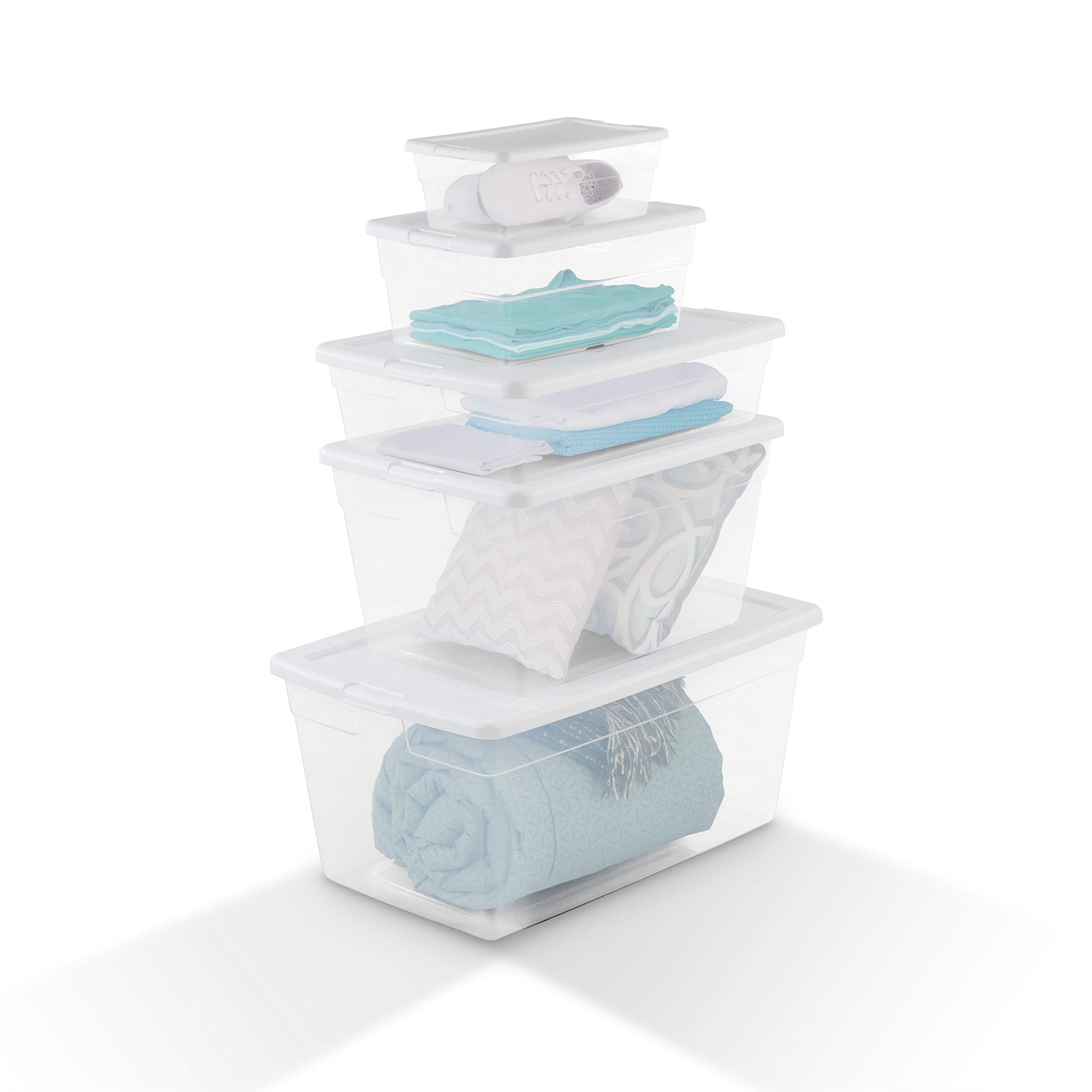 Sterilite 6 Qt Clear Plastic Stackable Storage Bin w/White Latching Lid Organizing Solution, 12 Pack