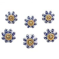 NOVICA Artisan Handmade Ceramic Cabinet Knobs Floral White Blue India Metal Decor Accessories Decorative Hardware 'Blue Sunshine'
