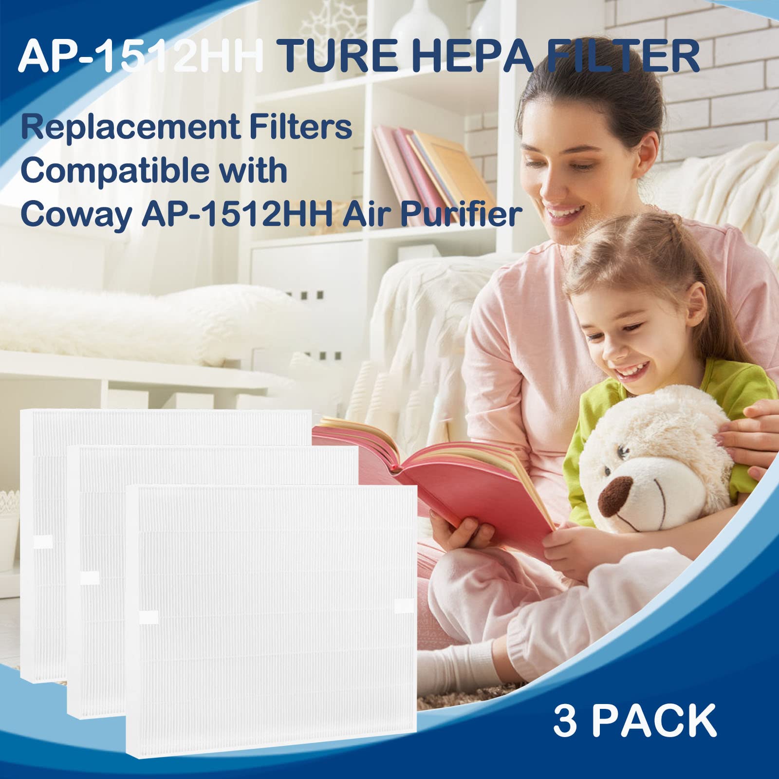 AP-1512HH True HEPA Filter Replacement Compatible with Coway AP-1512HH AP1512HHMighty Air Purifier, AP-1512HH-FP, Item NO #3304899, 3 Pack HEPA Filter Only