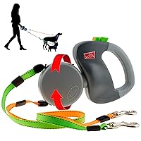 WIGZI (2 Two Dog Reflective Retractable Pet Leash – 360 Degree Zero Tangle Patent - Two Dogs Each up to 50 lbs and 10ft. Reflective Orange and Green Leads. Dual Locking, Small, Gray