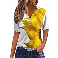 Womens Tops Dressy Casual Casual Sunflower Print V-Neck Short Sleeve Decoration Button T-Shirt Top