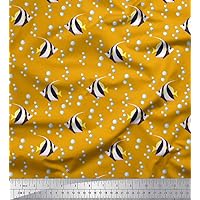 Soimoi Poly Georgette Gold Fabric - by The Yard - 52 Inch Wide - Bubbles & Angelfish Ocean Material - Ethereal Bubbles with Angelic Fish Patterns for Decor Printed Fabric