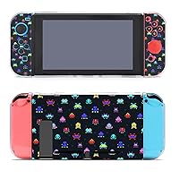 Space Invaders Argyle Pattern Funny Case for Switch and Controller Protective Cover Hard Shell with Holder Cute Print Design