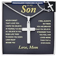 To My Son Cross Necklace From Mom, Mother And Son Gift Cross Necklace Sentimental For My Son, Engraving Jewelry For Boys From Mom, Stainless Artisan Cross Necklace Gift For Him with Message Card