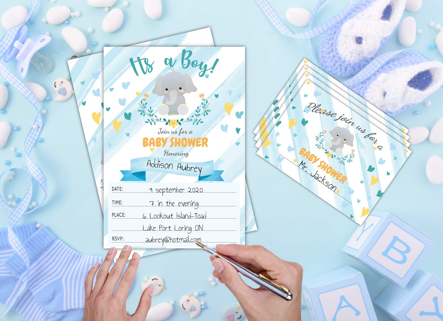 Avamie 20 Pack It's A Boy Blue Elephant Baby Shower Invitations with Envelopes and Stickers, Baby Shower Invitations For Boys