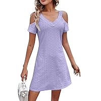 Vacation Dresses for Women Solid Color Lace Patchwork Fashion Trendy with Short Sleeve V Neck Cold Shoulder Dress