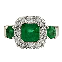3.24 Carat Natural Green Emerald and Diamond (F-G Color, VS1-VS2 Clarity) 14K White Gold Engagement Ring for Women Exclusively Handcrafted in USA