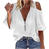 Summer Cold Shoulder Lantern Sleeve Tops for Womens Fashion Zipper Deep V Neck Casual Loose Solid Color Long Blouses