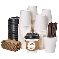 Turbo Bee 100 Pack 10 OZ Coffee Cups, Disposable Paper Cups, Hot Coffee Cups With Lids, Sleeves and Stirrers, To Go Coffee Cups for Home, Office and Shops