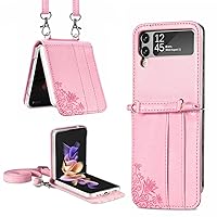 Crossbody Wallet Case for Samsung Galaxy Z Flip3 5G,Shockproof Protective Phone Case for Galaxy Z Flip 3 Case with Lanyard (with Card Holder),Pink