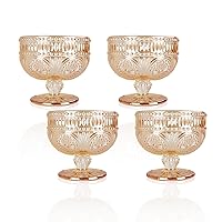 Ice Cream Glass Bowls Set of 4, 10 oz Vintage Sunflower Embossed Glass Dessert Bowls with Footed Sundae Snack Cups for Ice Cream, Dessert,Trifle, Fruit, Salad