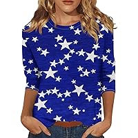 4th of July Tops for Women 3/4 Length Sleeve Patriotic T Shirts USA Flag Graphic Tees Casual Crewneck Summer Tops