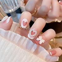 24pcs Valentines Press On Nails Short Square Fake Nails Valentines Day Nails with Heart Nail Charms Design French Acrylic Nails Supply Valentines Nails Full Cover Stick on Nails for Women and Girls