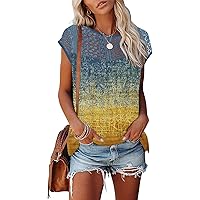 Womens Cap Sleeve Tops 2024 Trendy Floral Print Summer Tops Loose Fit Lace T Shirts Blouses