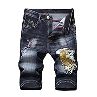 Men's Casual Dragon Pattern Embroidered Shorts,Slim,Straight,Washed Denim,Summer Streetwear