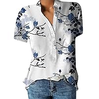 Going Out Tops Button V Neck Floral Short Sleeve Casual with Pocket Super Soft Comfort Easy Workout Shirts for Women