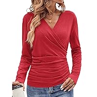 Womens V Neck Long Sleeve Shirts Sexy Wrap Ruched Tops Cute Fitted T Shirts 2024