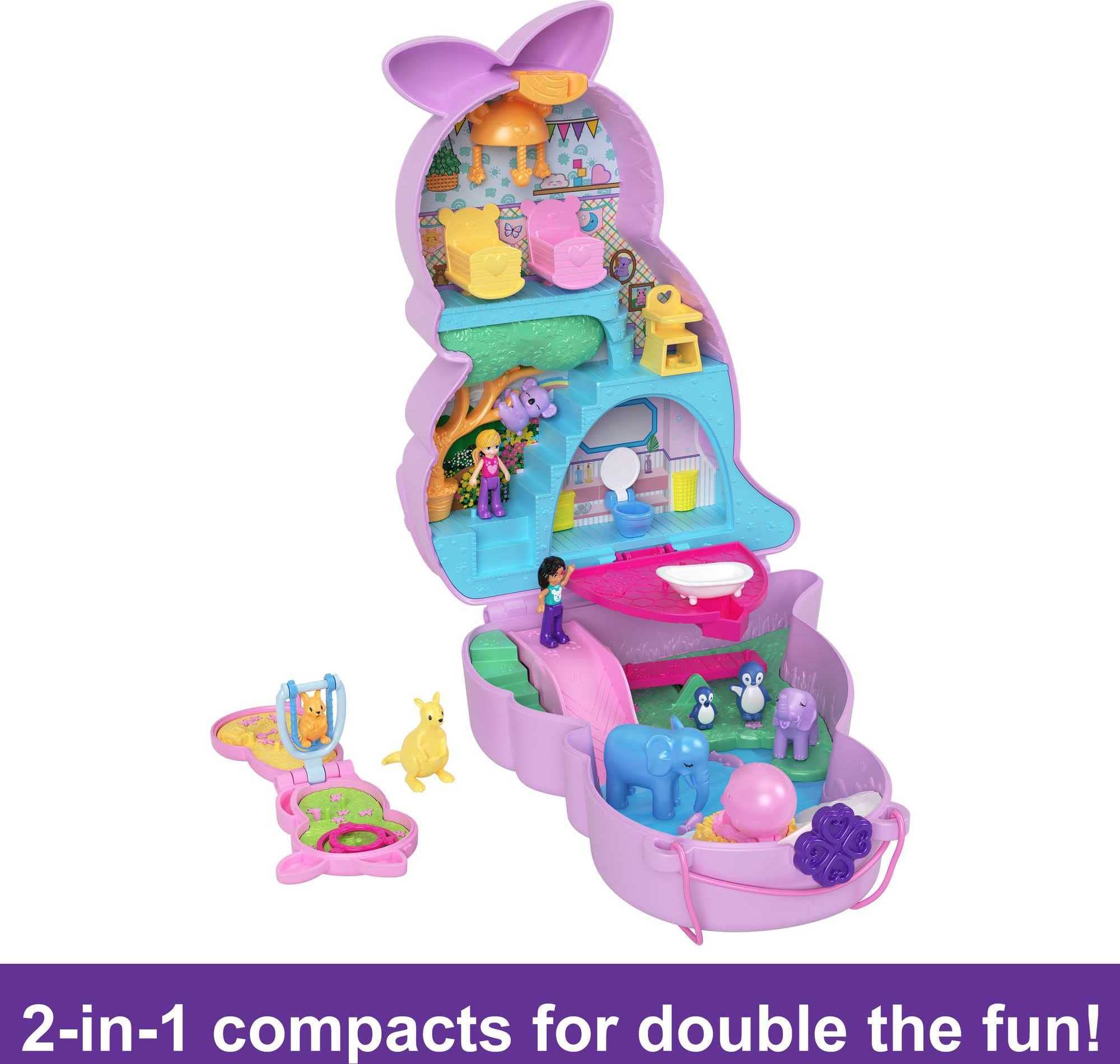 Polly Pocket 2-In-1 Travel Toy Playset, Animal Toy with 2 Dolls & Accessories, Mama & Joey Kangaroo Purse Large Compact