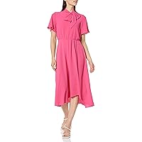 London Times Women's Flutter Sleeve Tie Neck Blouson High Low Midi Dress