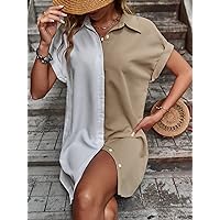 Women's Dress Dresses for Women Two Tone Batwing Sleeve Shirt Dress (Color : Multicolor, Size : Small)