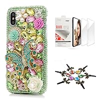 STENES iPhone Xs Max Case - Stylish - 3D Handmade [Sparkle Series] Bling Butterfly Rose Flowers Design Cover Compatible with iPhone Xs Max 6.5 Inch with Screen Protector [2 Pack] - Green