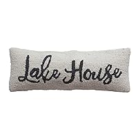 Creative Co-Op Wool and Cotton Lake House Embroidery, Cream and Navy Lumbar -Pillow, Ivory