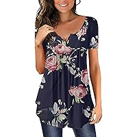 Summer Bohemian Flower Flowy Henley T-Shirts for Women Short Sleeve Button Pullover Casual Loose Fit Tunic Tops