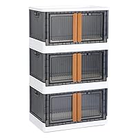Storage Bins with Lids - Collapsible Storage Bins, Clear Black Wardrobe Closet Organizer, 19 Gal Stackable Toy Storage, Foldable Plastic Storage Container with Door, Crate for Book Storage (3 Pack)