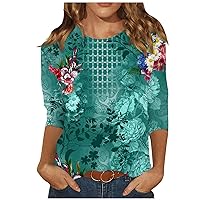 Fashion Tops for Women Cute Floral 3/4 Sleeve Round Neck Shirts Three Quarter Sleeve Print T-Shirt Top