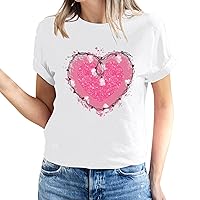 Fashion Heart Bulb Print T-Shirt for Women Valentines Day Short Sleeve Casual Tops Lover Gift Crewneck Tee Shirts
