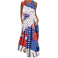 4th of July Maxi Long Dresses for Women 2023 Casual Summer Sleeveless Flowy Tank Sundress Star Stripes Patriotic Dress