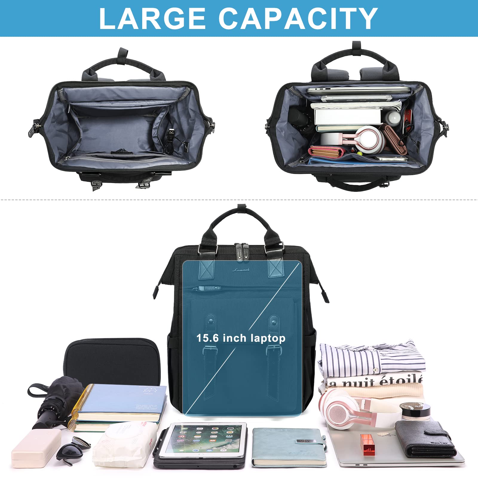 LOVEVOOK Laptop Backpack for Women, Teacher Nurse Bag Work Travel Computer Backpacks Purse,Water Resistant Daypack with USB Charging Port, 15.6 inch Black