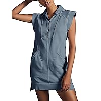 Qiaomai Womens Half Zip Sweatshirt Dresses Summer V Neck Sleeveless Pullover Tunic Tops Mini Dress