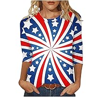 July 4th Shirts Women 3/4 Sleeve Crewneck Pullover Tops Funny American Flag Print 4th of July Patriotic Blouses