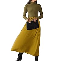 Women Long Sleeve Patchwork Long Sweater Dress Mock Neck Rib Knit Solid Pullover Tops Pleated Maxi Dresses Camel