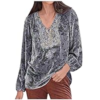 Womens Tops Velvet Long Sleeve Tunic Tees Vintage Floral Printed T Shirt Casual V Neck Pullover Comfy Soft Blouse Shirts