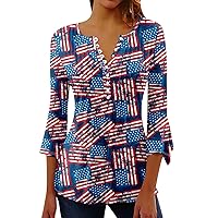 Block Tunic Tops for Women,Independence Day Crewneck Casual Blouse Buttons Pleated 3/4 Beach Hawaiian Shirt