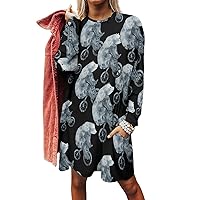 Forest Bear Bicycle Women's Long Sleeve T-Shirt Dress Casual Tunic Tops Loose Fit Crewneck Sweatshirts with Pockets