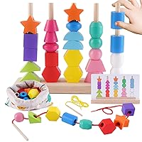 Toddler Montessori Toys Wooden Beads Sequencing Toy Set, Stacking Blocks, Matching Shapes, Lacing Beads, Shape Sorter Toys for 2 3 4 5 Year Old Boys Girls, STEM Preschool Learning Toys Gifts for Kids
