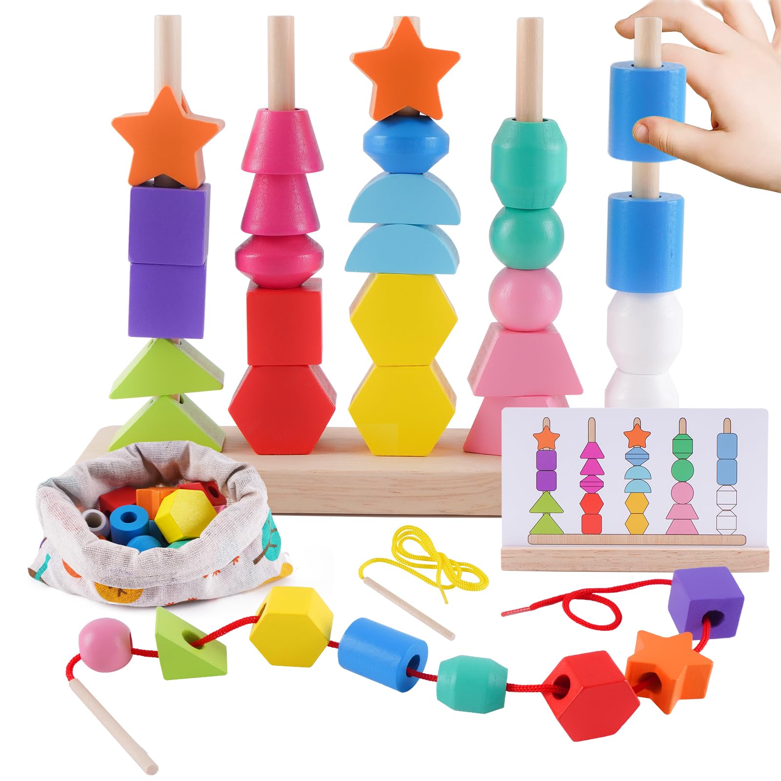 Toddler Montessori Toys Wooden Beads Sequencing Toy Set, Stacking Blocks, Matching Shapes, Lacing Beads, Shape Sorter Toys for 2 3 4 5 Year Old Boys Girls, STEM Preschool Learning Toys Gifts for Kids