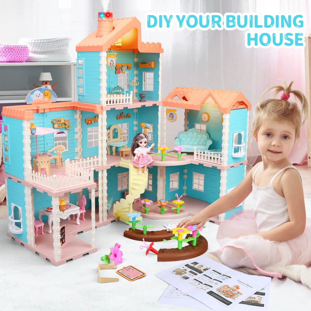 OENUX Doll House 7-8,Storytelling Dreamhouse Dollhouse with Unique Furniture and Accessories,DIY Toddler Pretend Play Toy Dolls House for Girls Age 3 4 5 6 7 8 9 Birthday Gifts