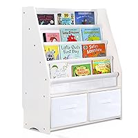 MallBest Childrens Bookshelf Kids Sling Book Rack with Two Storage Boxes and Toys Organizer Shelves Natural Solid Wood Baby Bookcase