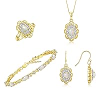 Matching Jewelry Set Floral Design: Yellow Gold Plated Silver Tennis Bracelet, Earrings, Ring & Necklace. Gemstone & Diamonds, 7