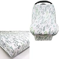 DILIMI Leaf Baby Car Seat Cover & Crib Sheet Set, Breathable Multifunctional Infant Car Seat Cover and Ultra-Soft Cotton Blend Baby Sheet Fits Standard Crib and Toddler Mattress