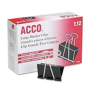 Acco Brand Binder Clips, Large, 1 Box, 12 Clips/Box (72100)