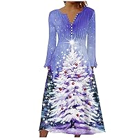 Women's Christmas Dress Fashion Casual Print Pocket V-Neck Pullover Long Sleeve Dress, S-3XL