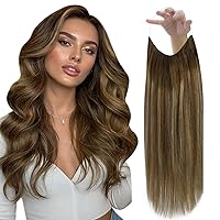 Fshine Human Hair Extensions Wire Hair Balayage Chocolate Brown to Caramel Blonde 20 Inch 80g Natural Hair Extensions with Transparent Fish Line Invisible Hairpiece for Women