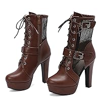 Women Chunky High Heel Platform Ankle Boots Lace Up Round Closed Toe Short Combat Boots 4