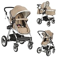 Baby Stroller, 2-in-1 Convertible Bassinet Reclining Stroller, Foldable Pram Carriage with 5-Point Harness, Including Cup Holder, Foot Cover, Diaper Bag, Aluminum Structure, Khaki