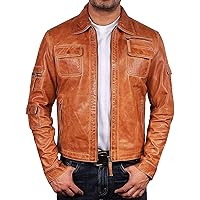 Mens Genuine Biker Leather Jacket Bomber Coat Designer (Tan, 3XL)